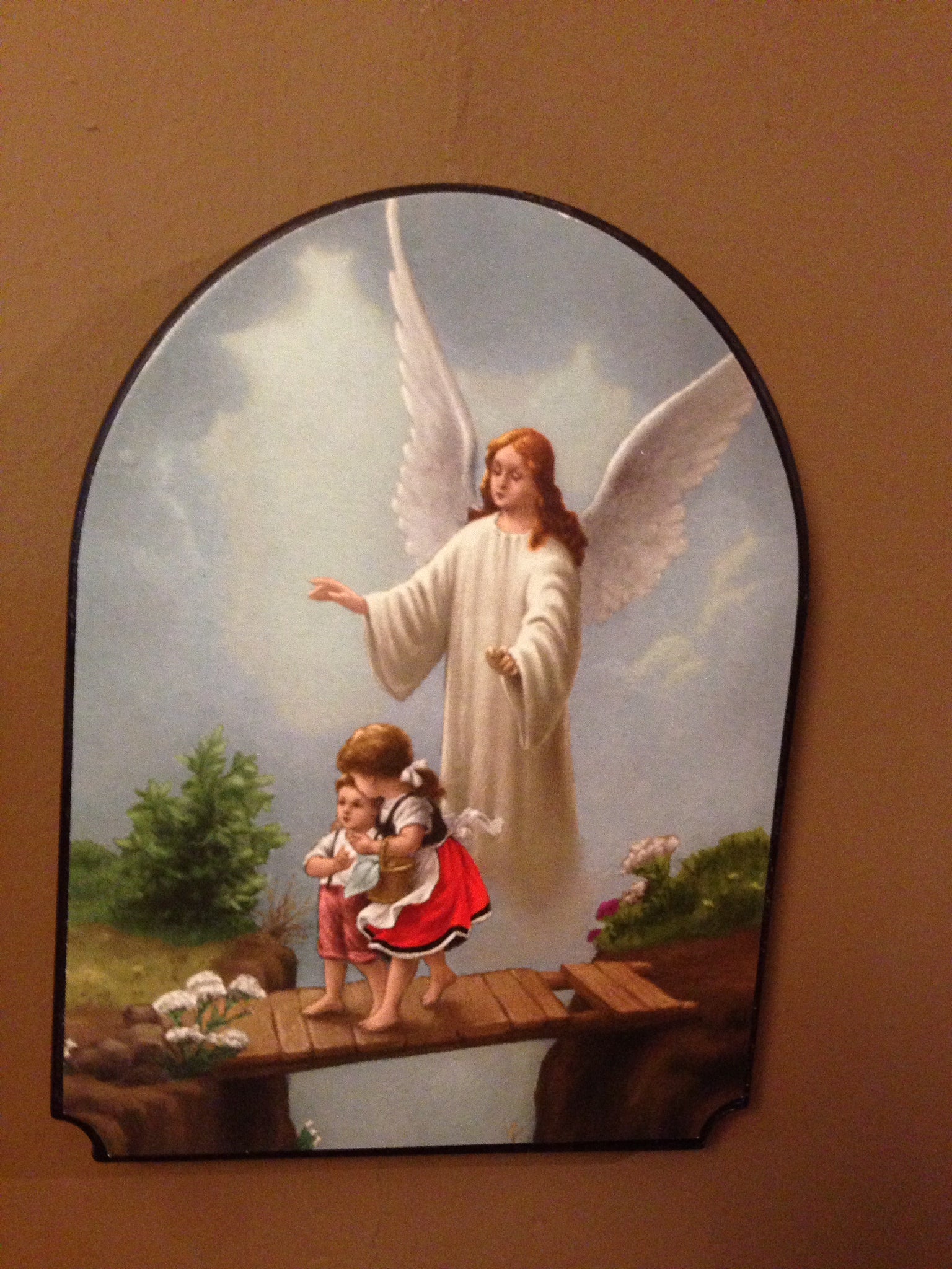 CUADRO CON IMAGEN ITALIANA  DE ANGEL DE LA GUARDA SOBRE PUENTE